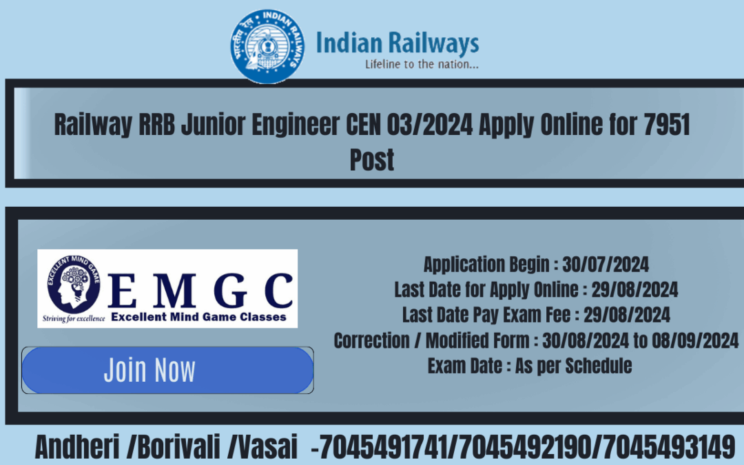 Railway RRB Junior Engineer CEN 03/2024 Apply Online for 7951 Post