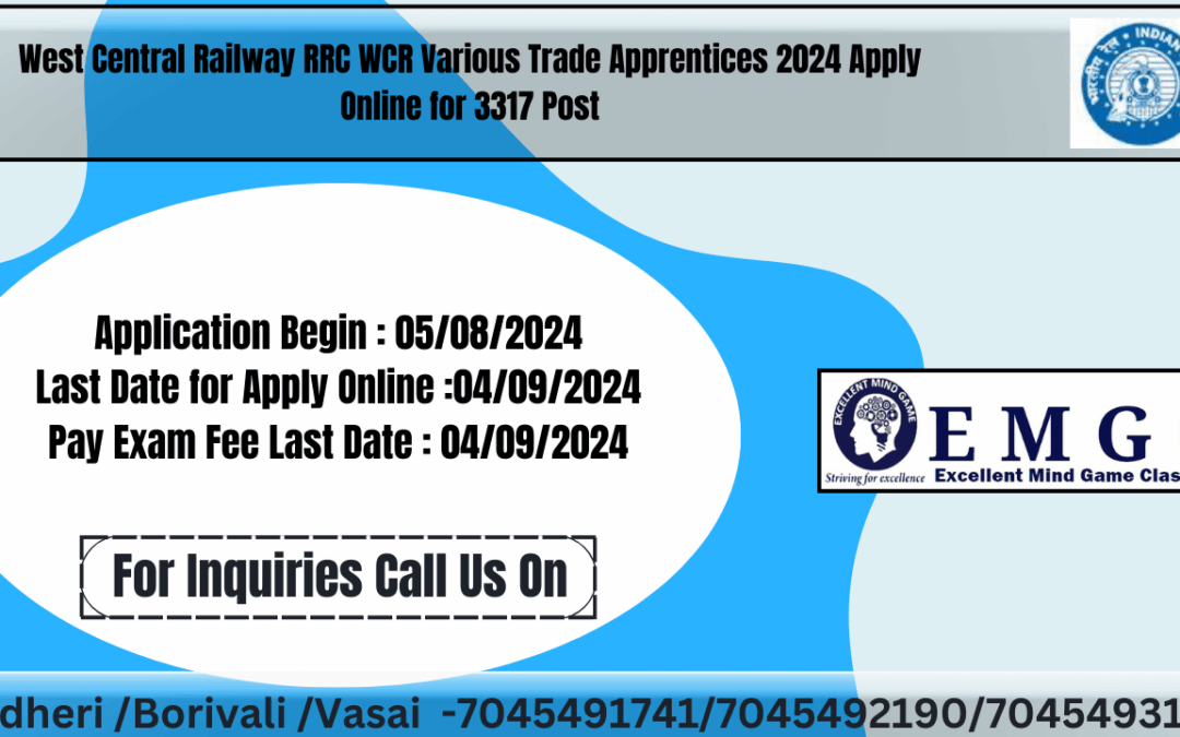 West Central Railway RRC WCR Various Trade Apprentices 2024 Apply Online for 3317 Post