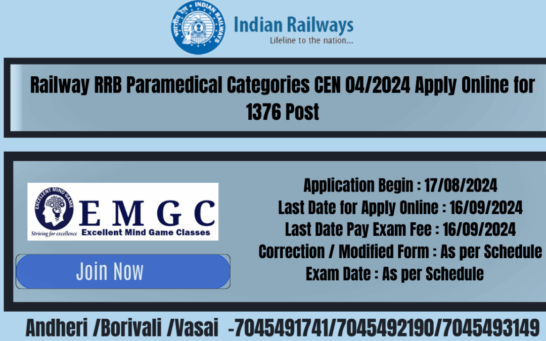 Railway RRB Paramedical Categories CEN 04/2024 Apply Online for 1376 Post