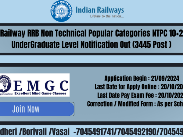 Railway RRB Non Technical Popular Categories NTPC 10+2 UnderGraduate Level (3445 Post )