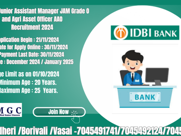 IDBI Bank Junior Assistant Manager JAM Grade O and Agri Asset Officer AAO Recruitment 2024 Apply Online (600 Post )