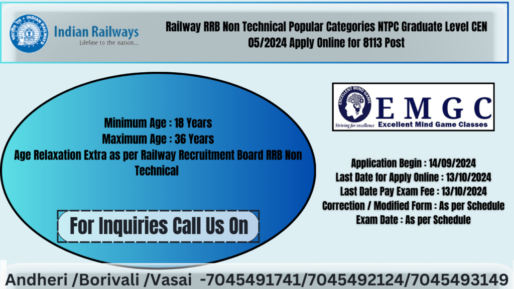Railway RRB Non Technical Popular Categories NTPC Graduate Level Apply Now (8113 Post )